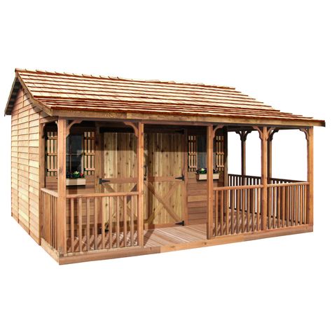 Cedarshed Farmhouse Gable Cedar Storage Shed (Common: 20-ft x 12-ft; Interior Dimensions: 15.5-ft x 7.5-ft) Cedar Siding Exterior, Outdoor Storage Buildings, Wood Storage Shed, Cedar Shed, Shed With Porch, Cedar Shake Roof, Cedar Shingle Roof, Shed Floor, Wood Storage Sheds