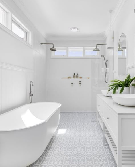 TileCloud on Instagram: "Coastal hamptons vibes created by @ournextproject project using our Palm beach grey encaustic look tiles and Newport matt white subway tiles 👌😍" Coastal Hamptons Bathroom, Encaustic Tiles Bathroom, Modern Hamptons Bathroom, Hamptons Bathroom Ideas, Hampton Style Bathroom, Hamptons Bathrooms, French Provincial Bathroom, Hamptons Style Bathroom, Hampton Style Bathrooms