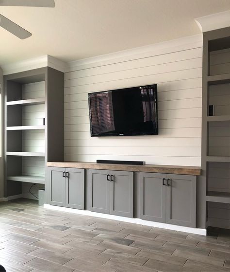 Wall Length Entertainment Center, Tv Wall Cabinets With Fireplace, Built In Tv Wall Unit Playroom, Basement Family Room Built Ins, Wall To Wall Cabinets Living Room, Entertainment Feature Wall, Tv Accent Wall Ideas Built Ins, Tv Wall Modern Farmhouse, Built In Wall Living Room