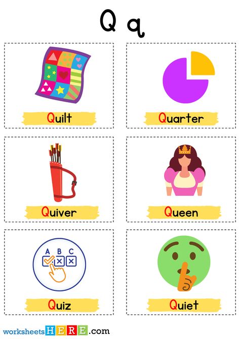 Things That Start With Q Letter with Pictures, Alphabet Q Words Examples - WorksheetsHere.com Letter Q Activities For Preschool, Letter With Pictures, Q Words, Words With Q, Letter Q Worksheets, Insects Kindergarten, Q Letter, Alphabet Flash Cards Printable, Words List