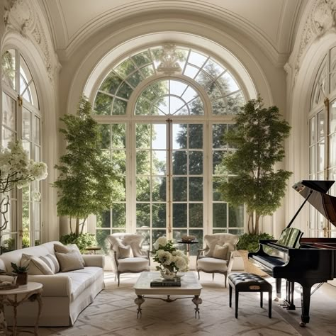 French House Aesthetic Living Room, House With Grand Piano, French House Living Room, French Estate Interior, Old Money Aesthetic Living Room, Modern Old Money House, French Style Houses Interior, French House Aesthetic, Outdoor Curtain Ideas