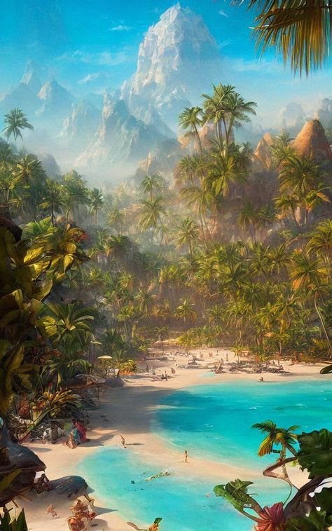 Beach Kingdom Fantasy Art, Fantasy Island Castle, Tropical City Concept Art, Fantasy Island Concept Art, Tropical City Fantasy Art, Tropical Concept Art, Fantasy Tropical City, Fantasy Beach City, Tropical Fantasy Art