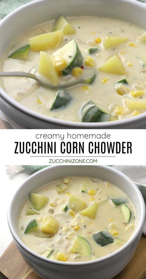 Zucchini Corn Chowder, Zucchini Chowder, Summer Corn Chowder, Corn Zucchini, Summer Fruit Recipes, Harvest Vegetables, Homemade Broth, Zucchini Corn, Bisque Soup