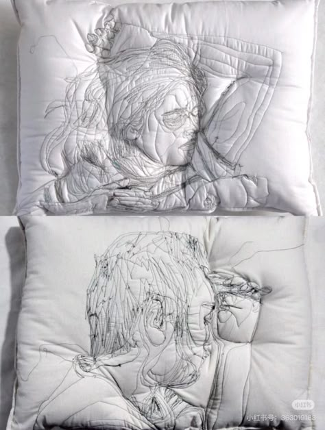 Maryam Ashkanian, Pillows Sleeping, Sleeping People, Embroidered Pillow Cases, Silhouette People, Embroidery Pillow, Textile Sculpture, Ideas Embroidery, People Sleeping