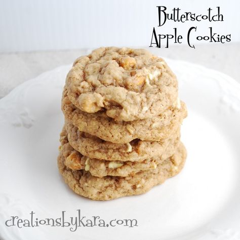 Butterscotch Apple Cookies via Creations by Kara Apple Butterscotch Cookies, Fresh Apple Cake With Butterscotch Chips, Cookie Recipes Butterscotch, Butterscotch Pudding Cookies Recipes, Cookies Using Butterscotch Chips, Apple Cookies Recipes, Oatmeal Butterscotch Cookies, Skillet Cookie Recipe, Fall Cookie Recipes