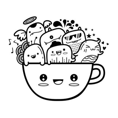 Coffee mug cute monter doodles background Vector illustration. Diy Canvas Art Easy, Mug Drawing, Doodle Art For Beginners, Doddle Art, Arte Doodle, Food Doodles, Doodle Background, Doodle Characters, Easy Doodle