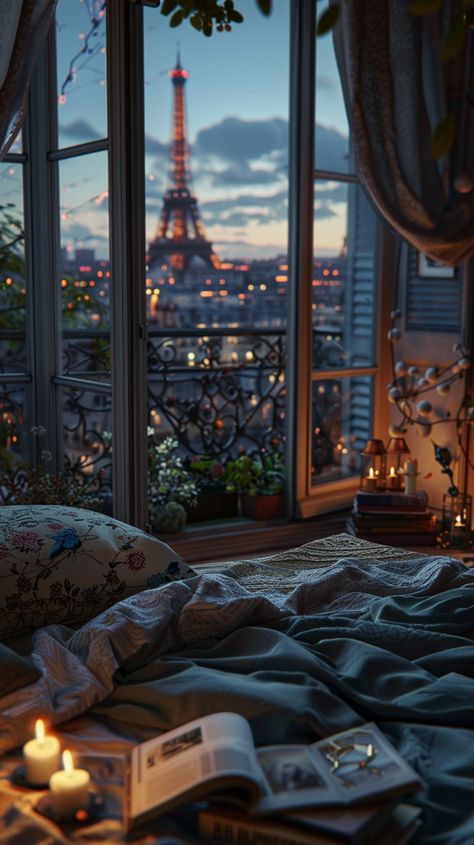 Aesthetic House Pictures, Paris House Design, House Photography Interior, Happy Room Aesthetic, Bed Window Aesthetic, Bedroom View Aesthetic, Paris House Aesthetic, City Room Aesthetic, Paris Room Aesthetic