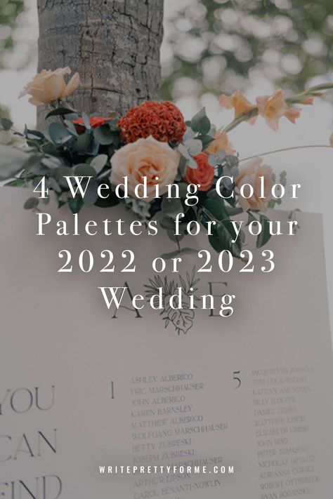 2023 Wedding Trends | I’m Alane, a Hoboken wedding calligrapher, and I help couples choose and design their wedding day signage, seating charts, day of stationery and so much more. Today, I’m going to share the 4 wedding color palettes I’m seeing couples’ gravitate toward in 2022 and 2023. 2023 Wedding Color Schemes, Color Pallete Wedding Invitation, 2024 Wedding Trends Summer, Wedding Trends 2023 Colors, Popular Wedding Colors 2023, Classic Wedding Palette, Wedding Color Trends 2023, Summer 2023 Wedding Ideas, Wedding Color Palette 2024 Summer