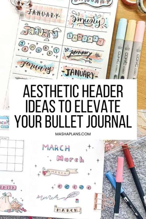 Looking to take your bullet journal to the next level? Check out these creative and eye-catching aesthetic header ideas to bring a touch of beauty and organization to your pages. Whether you're a beginner or a seasoned journaler, these ideas will inspire you to create stunning headers that truly stand out. Don't miss out on these aesthetic header ideas – start elevating your bullet journal today! Bujo Banner Ideas, Journal Headers Ideas, Bullet Journal Header Ideas, Bullet Journal Pages, Header Ideas, Bullet Journal Headers, Aesthetic Header, Journal Lettering, Bullet Journal How To Start A