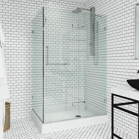 VIGO Monteray 48 in. x 32 in. x 79 in. Rectangular Pivot Frameless Corner Shower Enclosure in Chrome with Right Base-VG6011CHCL48WR - The Home Depot Neo Angle Shower Enclosures, Frameless Glass Shower Enclosure, Corner Shower Kits, Chrome Shower Door, Neo Angle Shower, Corner Shower Enclosures, Frameless Shower Enclosures, Contemporary Shower, Glass Shower Enclosures