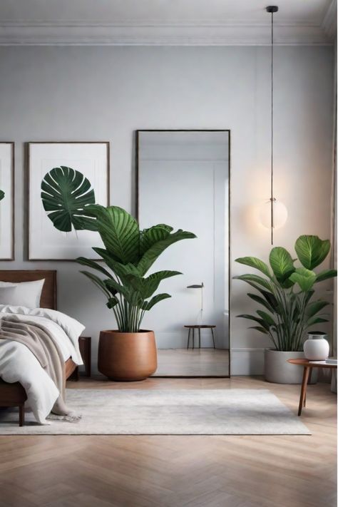 Apartment bedroom with personalized gallery wall Bedroom Photo Studio, Tropical Interior Design Bedroom, Bedroom With Flowers, Plant In Bedroom, Bedroom Tropical Style, Cozy Apartment Bedroom, Small Apartment Plans, Tropical Interior Design, Tropical Interior