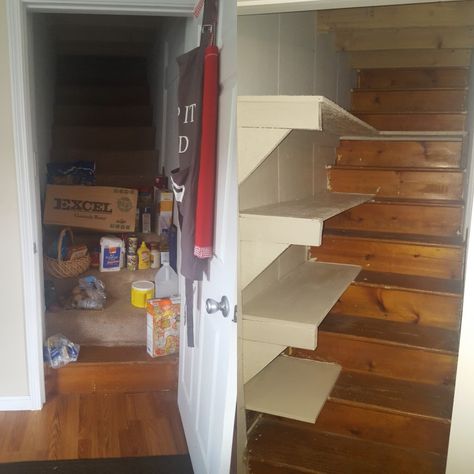 Basement Stair Pantry, Small Pantry Under Staircase, Under Stairs Canning Storage, Canning Closet Under Stairs, Under Stair Cleaning Closet, Kitchen Organization Pantry, Pantry Organization, Kitchen Organization, Pantry