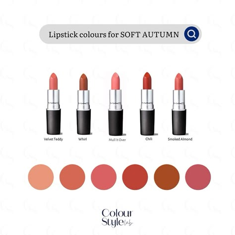 ⭐️SAVE IT FOR LATER⭐️ Soft Autumn colours lend themselves incredibly well to neutral lipstick colours. Opt for a matte finish, as shiny finishes, lipgloss and shimmer can overwhelm your muted appearance. Avoid very bright as well as overly cool colours. . . #colouranalysis #coloranalysis #makeup #style #softautumn #softautumnmakeup Soft Autumn Color Palette Lipstick, Lipstick Soft Autumn, Red Lipstick For Soft Autumn, Soft Autumn Makeup Lipsticks, Soft Autumn Red Lipstick, Makeup For Soft Autumn, Soft Autumn Lipstick Colors, Soft Autumn Lipstick, Deep Autumn Makeup