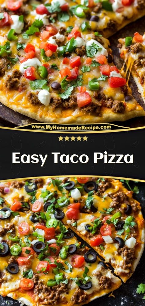 This Easy Taco Pizza combines two favorites: tacos and pizza! With a crispy crust, seasoned ground beef, and your favorite taco toppings, it’s a family favorite. Ingredients: 1 pre-made pizza crust 1/2 lb ground beef, seasoned 1/2 cup shredded cheddar cheese 1/4 cup salsa A fun and flavorful twist on taco night Taco Pizza Recipe Homemade, Easy Taco Pizza Recipe, Naan Taco Pizza, Gluten Free Taco Pizza, Hamburger Pizza Recipes Ground Beef, Crispy Tortilla Pizza, Dinner Ideas With Pizza Dough, Ground Beef Pizza Recipes, Taco Pizza With Tortillas