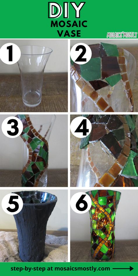 Mosaic On Glass Diy, Mosaic Bottles Ideas, Mosaic Vases Ideas, Glass Mosaic Art Ideas, Glass On Glass Mosaic Ideas, Stained Glass Scraps Ideas, Mosaic Vase Diy, Mosaic Projects Ideas, Easy Mosaic Patterns