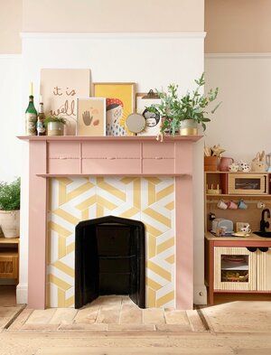 Tile inspiration for fireplaces and hearths — The OTTO HOUSE Pink Fireplace, Striped Tile, Leftover Paint, Pastel House, Gorgeous Interiors, Faux Fireplace, Tile Inspiration, Diy Fireplace, Lounge Design