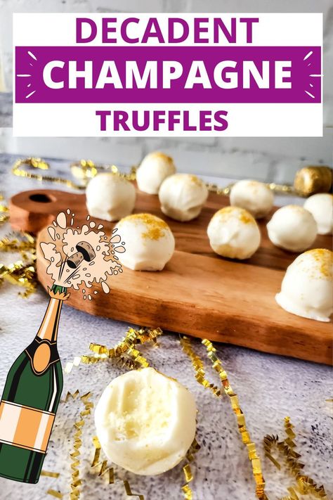 These decadent champagne truffles are perfect for your New Year's party. They would also be perfect for any special occasion like valentine's day, an anniversary, or a birthday party! | New years eve party ideas | new years eve desserts | new years eve desserts fancy | new year’s eve dessert ideas | new year’s eve party desserts | champagne dessert recipes | champagne desserts new years | champagne chocolate truffles | white chocolate champagne truffles Desserts New Years Eve, Champagne Dessert Recipes, New Years Eve Desserts, Champagne Desserts, New Years Champagne, Desserts Fancy, Almond Champagne, Holiday Truffles, New Years Eve Party Ideas