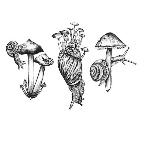 Snails Drawing, Snail Tattoo, Mushroom Tattoos, Mushroom Drawing, Tattoo Flash Art, Mushroom Art, Nature Tattoos, Tattoos Ideas, Beautiful Tattoos