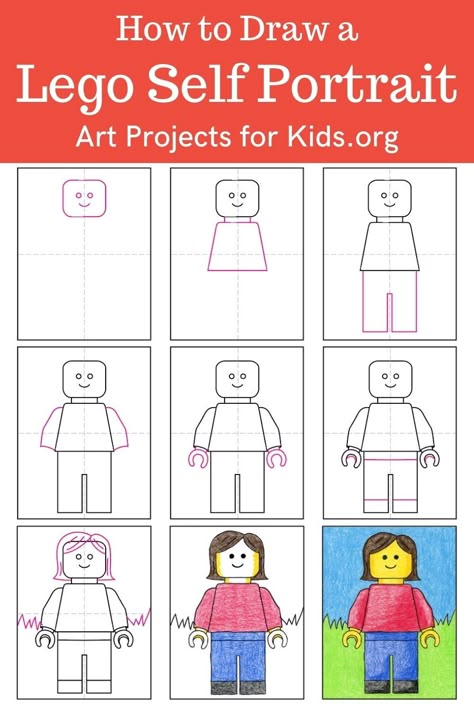 Draw A Portrait Step By Step, Lego Person Drawing, Lego Self Portrait Art Lesson, How To Draw Lego People, Lego Self Portrait, Lego Man Drawing, Lego Drawing Easy, Lego Drawing, Lego Painting