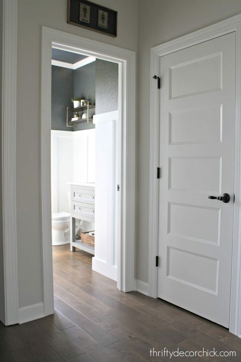 What I would choose all over again in our home {and those I wish I hadn't!} from Thrifty Decor Chick Door Handles On White Doors, Corner Jetted Tub, Blue Powder Room, White Powder Room, Batten Walls, Big Shower, Stand Alone Tub, Powder Room Makeover, Thrifty Decor Chick