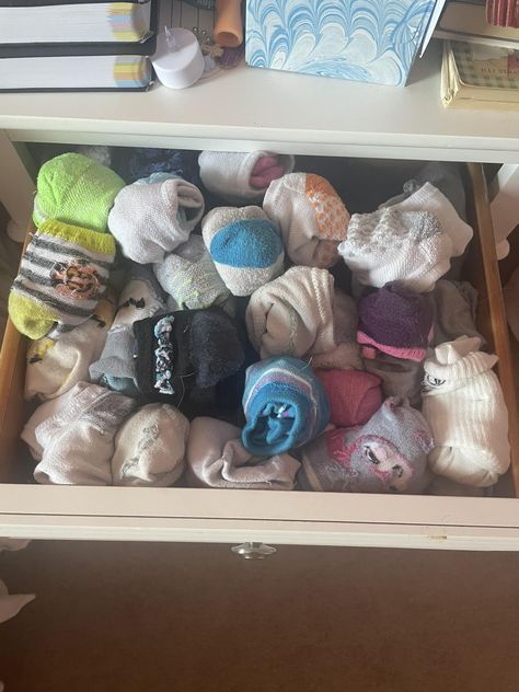 Emma just got rid of 21 pairs of socks because they were too small. And her drawer still looks like this. How? And why? Also…how? Sock Drawer Dresser Adryanna, How To Store Socks In Drawer, Organizing Socks And Underware Drawer, Drawer Dividers Socks, Sock Drawer, White Socks, White Sock, Drawers, Socks