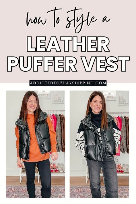 Unleash the power of a Black Leather Puffy Vest in your wardrobe! Discover the endless possibilities of styling with our guide on Leather Vest Outfits and Black Puffy Vest looks. From casual chic to sophisticated glam, elevate your Women's Fashion game and stay warm in style this season. Faux Leather Vest Outfit, Leather Puffer Vest Outfit, Puffy Vest Outfits For Women, Puffer Vest Outfits, Leather Vest Outfit, Faux Leather Puffer Vest, Leather Puffer Vest, Sweater And Jeans Outfit, Fashion Layering