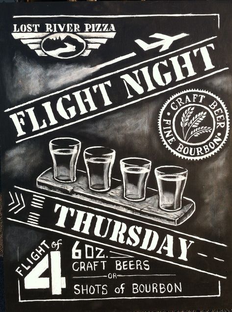 Craft Beer & Bourbon Flight Night Chalkboard Sign created for Lost River Pizza. This sign is part of a series of chalkboard signs at Lost River Pizza advertising various specials and eve... Brewery Chalkboard Ideas, Pizza Advertising, Menu Signs, Tavern Sign, Blackboard Art, Beer Menu, Chalkboard Lettering, Lost River, Chalk Lettering