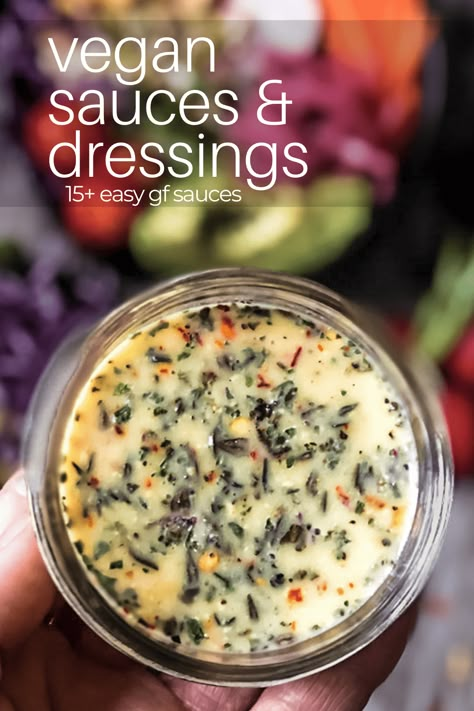 Easy to make vegan sauces and dressings. Gluten free, oil free, dairy free vegan sauces and dressings for vegan tacos, vegan shawarma, rainbow salads, veggie burgers and more. #vegansauces #vegandressing #dairyfree #glutenfree #tahini #cashewcream Sauces For Quinoa, Vegan Dressings And Sauces, Plant Based Sauces And Dressings, Vegan Sauces And Dressings Oil Free, Vegan Sauces For Vegetables, Vegan Sauces For Bowls, Raw Vegan Sauces, Vegan Marinades, Vegan Taco Sauce