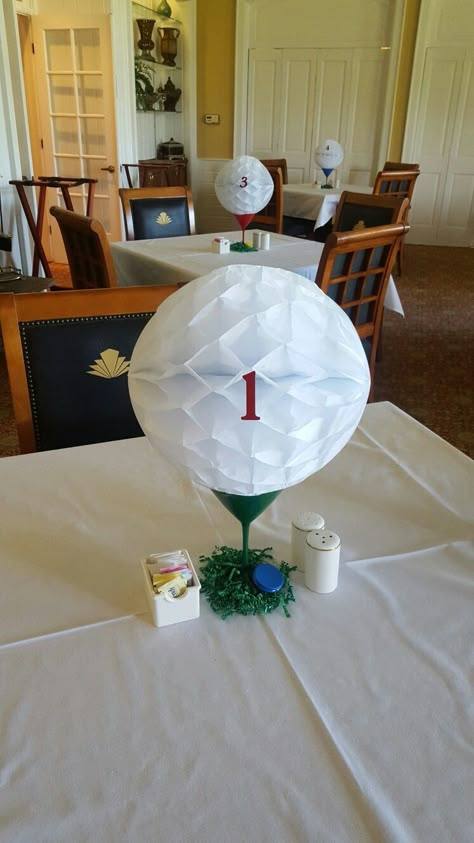 18th Birthday Golf Theme, Golf Ball Party Decorations, Golf Fundraiser Centerpieces, Golf Birthday Decorating Ideas, Golf Decorating Ideas Party Diy, Hole In One Birthday Centerpieces, Golf Outing Decor, Hole In One Party Centerpieces, Golf Tournament Centerpiece Ideas