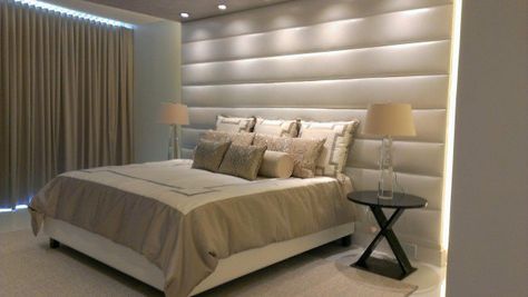 17 Beautiful Bedrooms With Floor To Ceiling Headboard Big Headboard, Headboard Panels, Fabric Wall Panels, Wood Panel Wall Decor, Tufted Wall, Wall Mounted Headboards, Upholstered Wall Panels, Tufted Headboards, Upholstered Walls