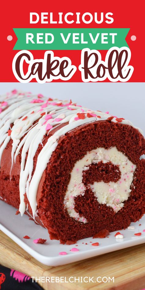 Red Velvet Cake Roll covered in white frosting with red and pink sprinkles Red Velvet Cake Roll Recipe, Cake Mix Rolls, Easy Cake Mix Desserts, Red Velvet Cake Roll, Jelly Roll Cake, Red Velvet Recipes, Cake Mix Desserts, Red Velvet Cake Mix, Cake Roll Recipes