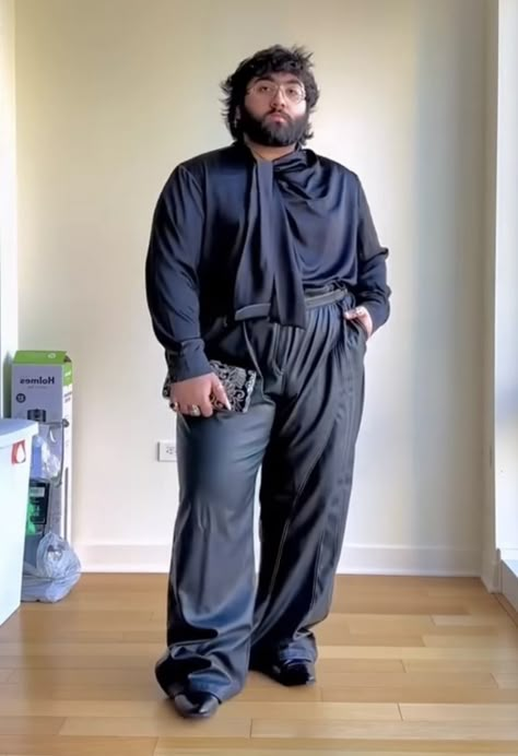 Plus Size Punk Fashion Men, Plus Size Men Drawing, Alternative Formal Outfit Men, Plus Size Goth Men, Gay Formal Outfit, Queer Formal Outfit, Fem Male Outfits, Male Whimsigoth, Fat Man Fashion