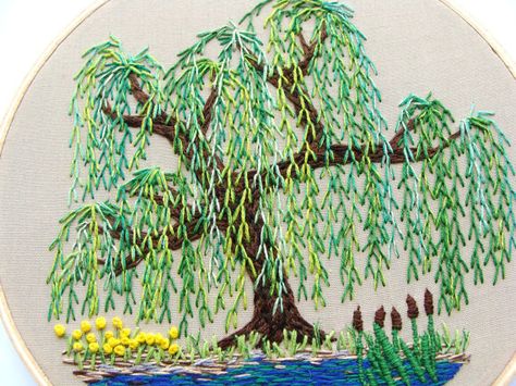 feather stitch willow Embroidery Tree Pattern, Embroidery Tree, Stitch Embroidery Design, Embroidered Wall Hanging, Crazy Quilt Stitches, Weeping Willow Tree, Embroidery Leaf, Embroidery Wall, Feather Stitch