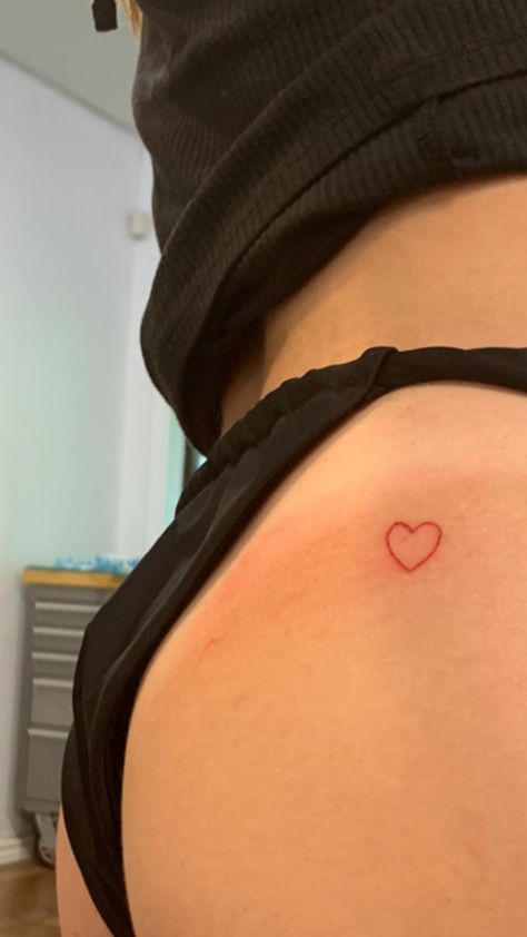 Tiny Red Heart Tattoo Hip, Small Heart Buttcheek Tattoo, Small Heart Tattoos For Women On Hip, Red Tiny Heart Tattoo, Heart Tattoo On Stomach, Red Heart On Buttcheek Tattoo, Simple Red Heart Tattoo, Heart Tattoo Waist, Heart Tattoo On Buttocks