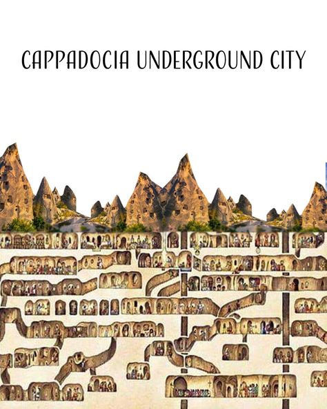 Underground Desert City, Cappadocia Underground City, Underground City Concept Art, Underground Temple, Underground Illustration, Ancient Underground City, The Last Man On Earth, Underground City, Egypt Map