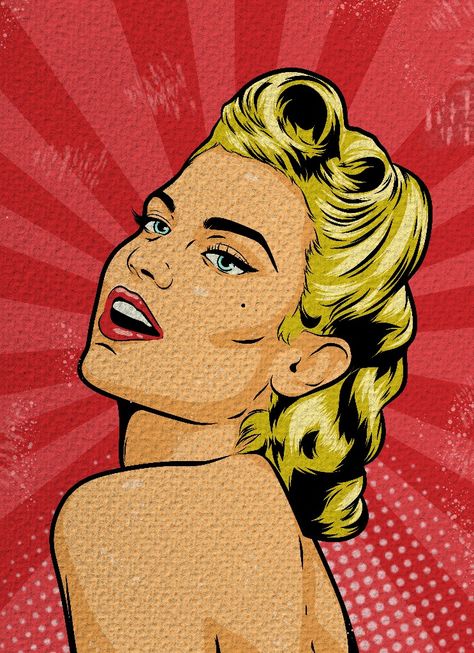 Pop art is a flow of art which USES something popular as the theme or concept used in his work Pop Art 1960, 50s Pop Art Aesthetic, Pop Art Side Profile, Comic Portrait Pop Art, Pop Art Figures, Pop Art Women Comic, British Pop Art, Pop Art Style Illustration, Pop Art Drawings Ideas Inspiration