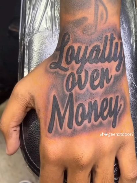 Loyalty Over Money Tattoo, Hood Tattoo For Men Hand, Cool Tattoos For Guys With Meaning, Black Men Neck Tattoo Ideas, Hood Hand Tattoos, Hand Tattoos For Black Men, Otf Tattoo Tat, Tattoos For Black Men, Hand Tats Men