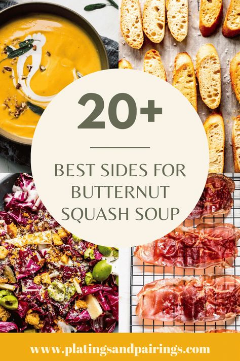 Wondering what to serve with butternut squash soup? I’ve got you covered with this handy guide of 20+ tasty side dish recipes. Butternut Squash Soup Side Dishes, Butternut Squash Soup Toppings, Sides For Butternut Squash Soup, Butternut Squash Pairings, Butternut Squash Soup Pairing, What To Serve With Butternut Squash, What To Eat With Squash Soup, What To Eat With Butternut Squash Soup, What Goes With Butternut Squash