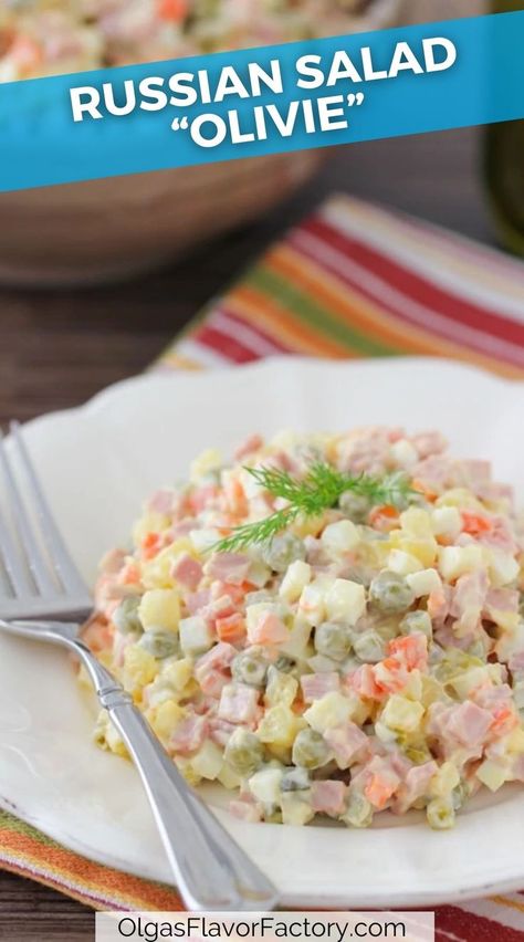 “Olivie” is one of the most popular and well known Russian salads. It resembles a potato salad, with the addition of other cooked vegetables and meat. All the components create a hearty, comforting salad. Russian Salads, Russian Beet Salad, Olivier Salad, Homemade Mayonnaise Recipe, Russian Salad, Russian Dishes, Marinated Mushrooms, Russian Food, Fresh Salad Recipes