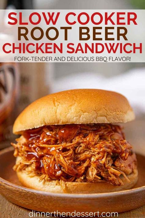 Slow Cooker Root Beer BBQ Chicken is an easy weeknight meal or party food made with root beer, barbecue sauce. Perfect for Sandwiches, tacos & more. #slowcooker #crockpot #chicken #pulledchicken #slowcookerchicken #rootbeer #dinnerthendessert Root Beer Chicken, Dinner Experience, Slow Cooker Bbq Chicken, Bbq Sauce Chicken, Bbq Chicken Sandwich, Barbeque Chicken, Beer Chicken, Bbq Chicken Crockpot, Slow Cooked Chicken