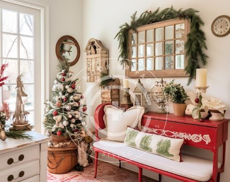 French Country Cottage Christmas Entryway, Multi-use Stock Image Mockup Photo. Perfect to Add Your POD Holiday Items To. Holiday Photo Image - Etsy The Shabby Home, Christmas Bench Decor, French Country Christmas Decorating, Christmas Bench, Country Cottage Christmas, French Country Cottage Christmas, Cottage Entryway, French Christmas Decor, Red Bench