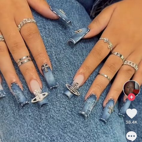 Denim Nails, Hard Nails, Colored Acrylic Nails, Cute Acrylic Nail Designs, Dope Nail Designs, Long Acrylic Nails Coffin, Unique Acrylic Nails, Long Square Acrylic Nails, Bling Acrylic Nails