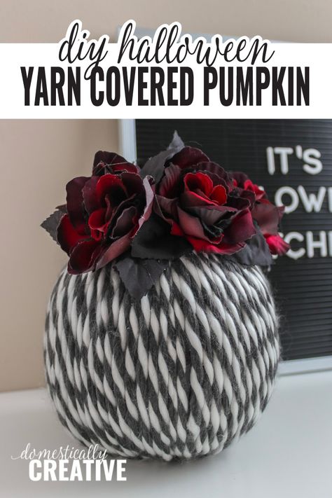 Create your own DIY Halloween decor with this easy to make yarn covered pumpkin from the dollar store.  #pumpkincrafts #pumpkins #pumpkindecor #halloweendecor #halloweencrafts #halloween #fall #domesticallycreative Halloween Yarn, Fall Crafts For Adults, Room Decor Crafts, Yarn Ideas, Diy Halloween Decor, Halloween Flowers, Rustic Crafts, Diy Products, Halloween Decorating