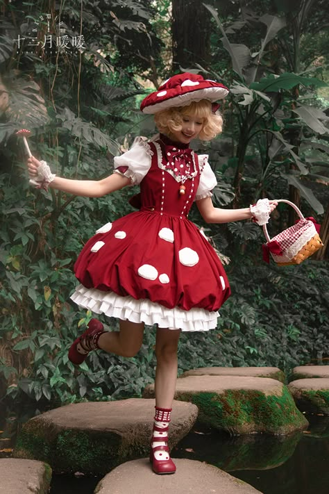 Mushroom Dress Fairy, Cute Mushroom Dress, Mushroom Inspired Dress, Cottagecore Mushroom Outfit, Halloween Mushroom Costume, Mushroom Dress Design, Mushroom Print Dress, Pink Mushroom Costume, Red Mushroom Costume