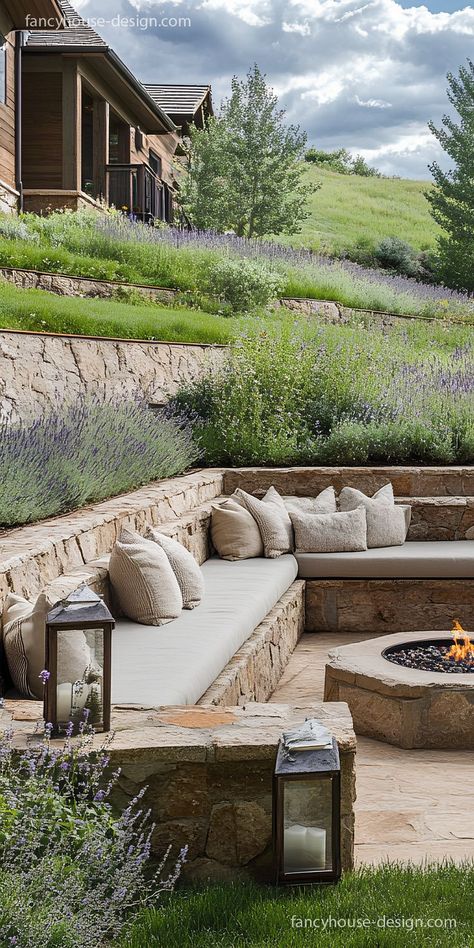 A tranquil backyard patio with sunken seating and layered textures and soft cushions offers a serene escape from busy days. Diy Backyard Patio Ideas, Sunken Fire Pit, Natural Fire Pit, Sunken Seating, Vineyard Home, Sunken Patio, Sunken Fire Pits, Cozy Diy, Tropical Garden Ideas