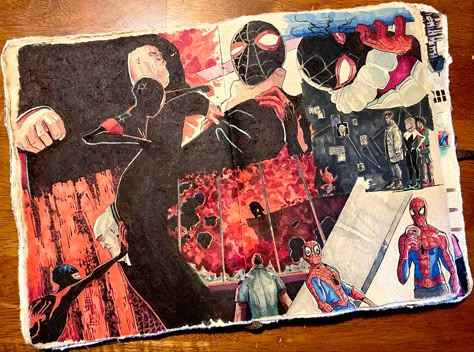 Miguel O'hara Spiderverse Art, Spiderman Into The Spiderverse Sketch, Into The Spiderverse Art Book, Into The Spiderverse Sketchbook, Spiderverse Sketchbook Page, Spiderman Through The Spiderverse, Spiderpunk Sketchbook, Spiderman Across The Spider Verse Concept Art, Spider Man Sketchbook Page