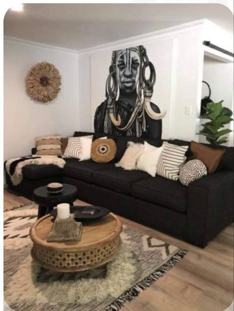 Black White And Brown Living Room Boho, Black Sectional Boho Living Room, Tan Black And Gold Living Room, Black And Tan Boho Living Room, Black Tan Cream Living Room, Black Boho Living Room Ideas, Black Leather Couch Living Room Boho, Black White Gold Brown Living Room, Black And Brown Boho Living Room