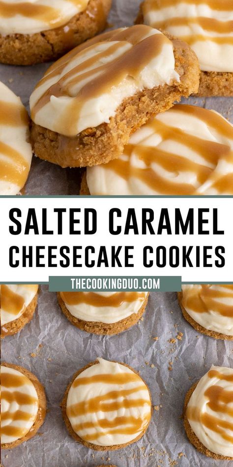 Close up of crumble salted caramel cheesecake cookies. Caramel Cheesecake Cookies, Crumble Cookie Recipe, Cheesecake Frosting, Salted Caramel Cheesecake, Fall Baking Recipes, Caramel Cheesecake, Cheesecake Cookies, Easy Baking Recipes Desserts, Sweet Snacks Recipes