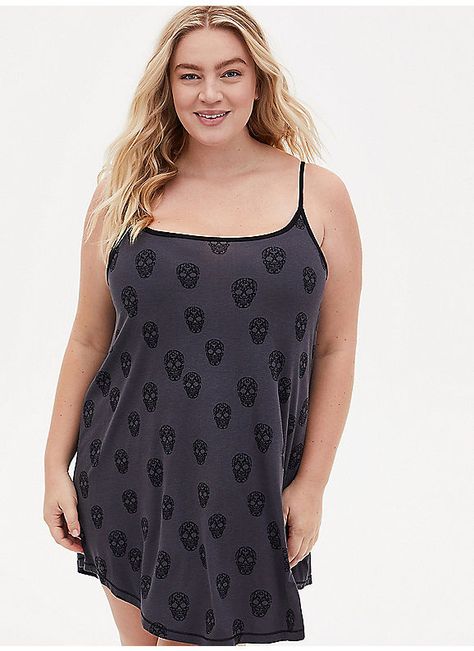 TORRID : Super Soft Grey & Black Skull Sleep Cami Tunic Mini Gown, Chemise Dress, Plus Size Sleepwear, Pajamas Comfy, Black Skull, Fitted Wedding Dress, Skull Print, Long Shirt, Dark Side