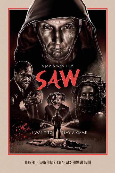 Saw (2004) | Poster art by Ralf Krause Saw 2004, Jigsaw Saw, Saw Film, Gif Terror, Slasher Movies, Horror Movie Icons, Horror Artwork, Best Horror Movies, Horror Posters